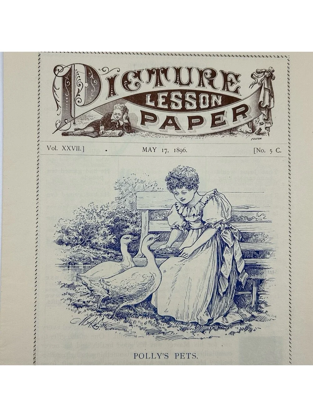 1896 Picture Lesson Paper Vintage Sunday School Ephemera Pollys Pets Ducks   C20